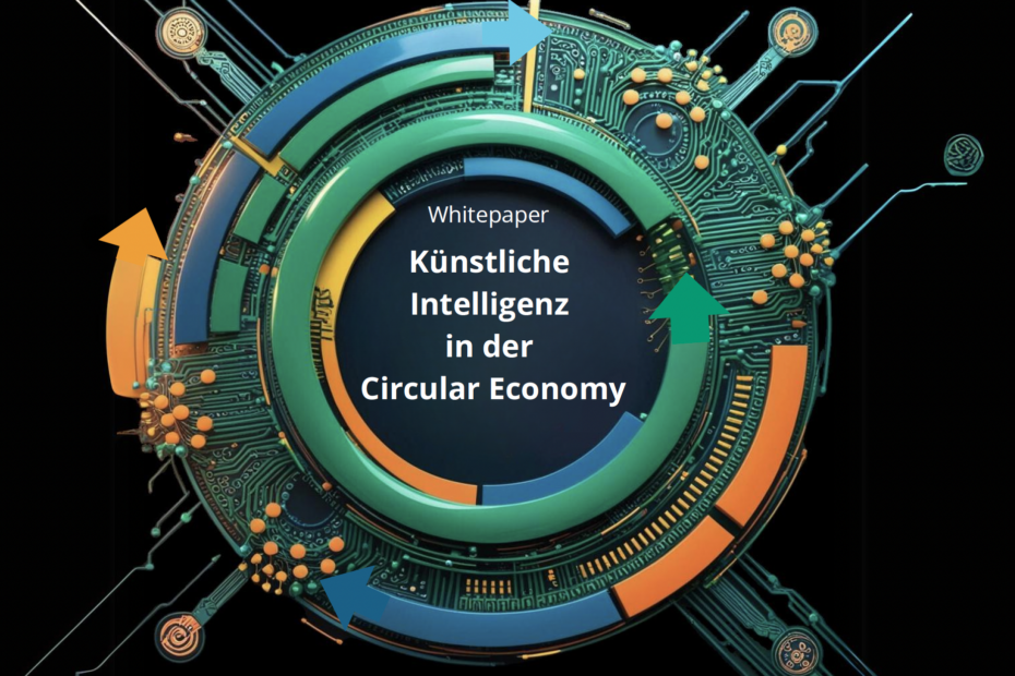 Eine Grafik in deren Mitte steht White Paper: Künstliche Intelligenz in der Circular Economy. Der Hintergrund ist schwarz, um den Text gehen im Kreis Pfeile in Blau, Grün und Orange. Diese sind mit einem Grünen Bild unterlegt, das an die Beschaffenheit einer Platine erinnert.