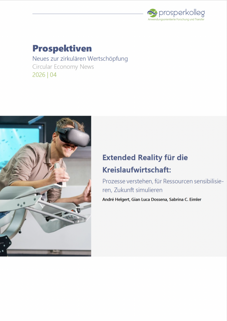 Zu sehen ist das Titelbild der Prospektive Extended Reality für die Kreislaufwirtschaft. Zusehen ist ein Mann der auf einer Vorrichtung liegt, er trägt eine VR Brille und lacht in die Kamera.